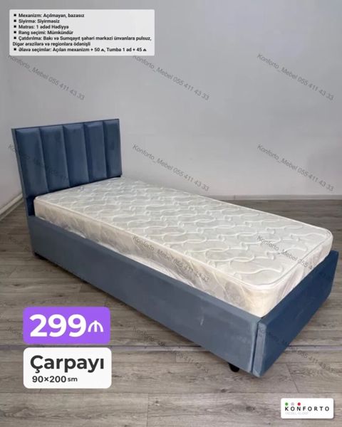 Çarpayı – 90×200 sm - Mexanizm: açılmayan, bazasız - Döşəmə: sürüşməz — Bakı