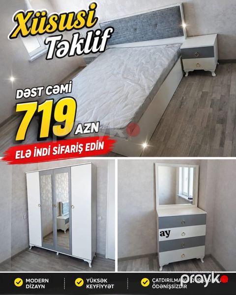 Yataq otağı dəsti – xüsusi təklif Dəst tərkibi: - Çarpayı: ağ və boz — Bakı
