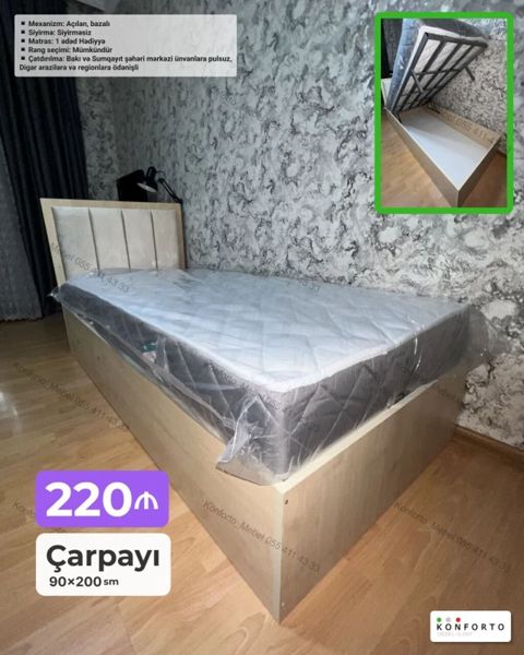 Bazalı, açılan mexanizmli tək nəfərlik çarpayı. Ölçü: 90×200 sm — Bakı