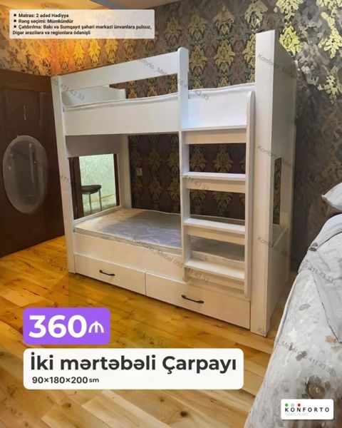 İki mərtəbəli çarpayı – 90×180×200 sm Xüsusiyyətlər: - Ağ rəngdə — Bakı
