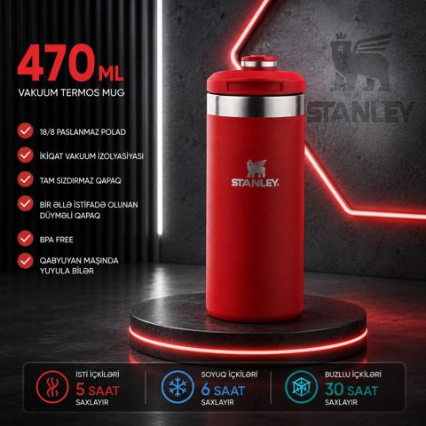 Stanley Paslanmaz Polad Termos Mug – Sızdırmaz, Vakuum İzolyasiyalı 470 ML Tünd Qırmızı Rəng — Bakı