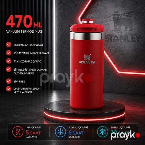 Stanley Paslanmaz Polad Termos Mug – Sızdırmaz, Vakuum İzolyasiyalı 470 ML Tünd Qırmızı Rəng — Bakı