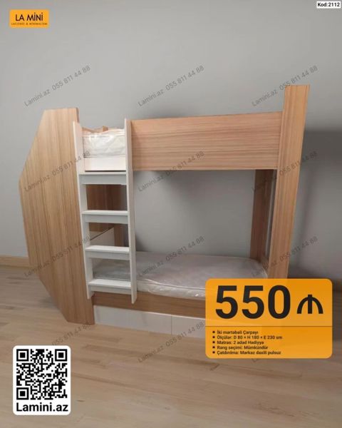 İki mərtəbəli çarpayı - Model kodu: 2112 - Ölçülər: D 80 sm H 180 — Bakı