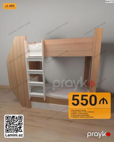 İki mərtəbəli çarpayı - Model kodu: 2112 - Ölçülər: D 80 sm H 180 — Bakı