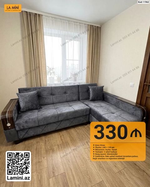 Künc divan - Ölçülər: 240 150 sm - Mexanizm: açılan, bazalı — Bakı