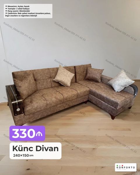 Künc divan – 240×150 sm - Mekanizm: açılan, bazalı (yataq funksiyası — Bakı
