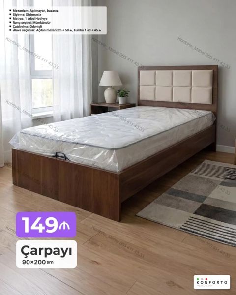 Çarpayı – 90×200 sm - Korpus: taxta teksturalı, başlıqda yumşaq — Bakı