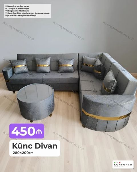 Künc divan – 280×200 sm - Açılan, bazalı mexanizm: gündəlik oturma və — Bakı