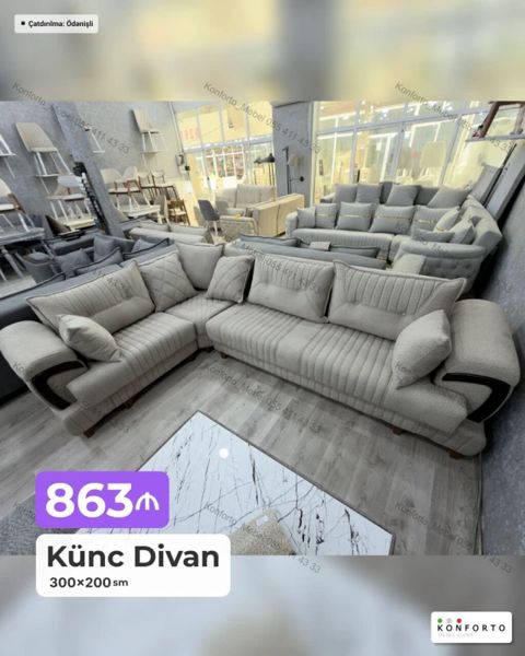 Künc Divan – 300×200 sm - Rahat “L” formalı künc divan - Yumşaq — Bakı