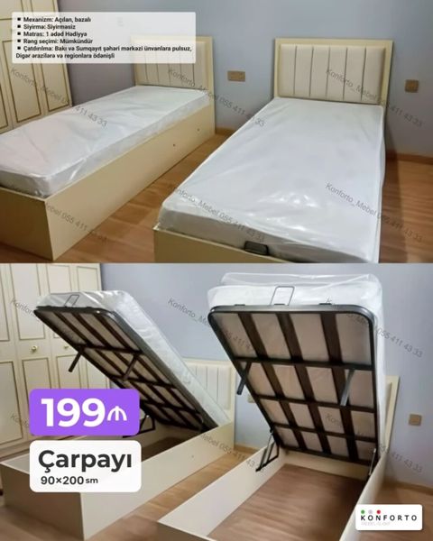 Çarpayı – 90×200 sm, açılan baza ilə Mexanizm: yuxarıdan açılan — Bakı