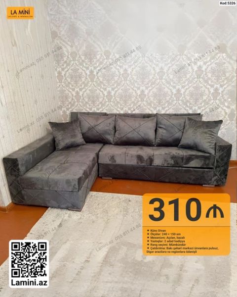 Künc divan – Kod: 5326 - Ölçülər: 240 150 sm - Mexanizm: Açılan — Bakı