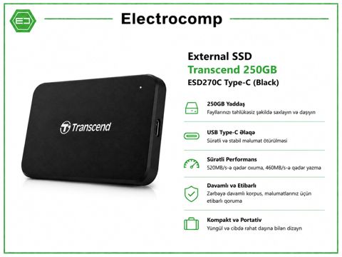 External SSD Transcend 250GB ESD270C Type-C (Black) — Bakı
