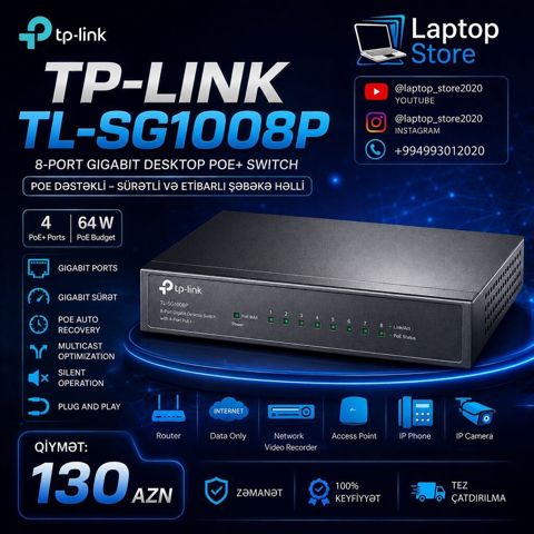 TP-Link TL-SG1008P – 8 Port Gigabit PoE+ Switch Şəbəkə və — Bakı