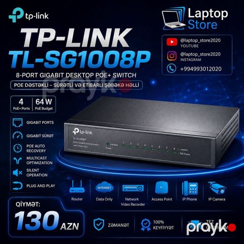 TP-Link TL-SG1008P – 8 Port Gigabit PoE+ Switch Şəbəkə və — Bakı