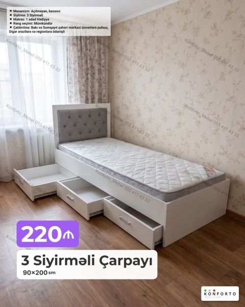3 siyirməli tək nəfərlik çarpayı – 90×200 sm - Korpus: ağ rəngdə — Bakı