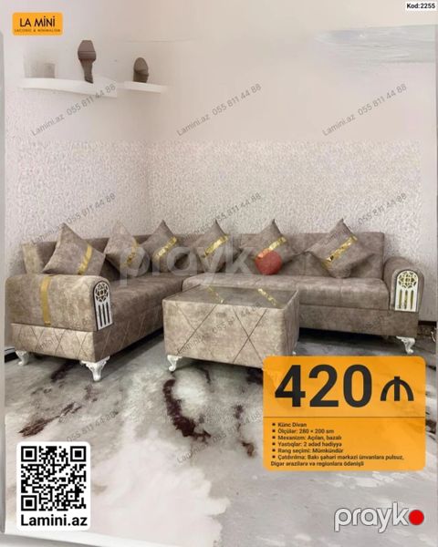 Məhsul: Künc divan dəsti (Kod: 2255) - Ölçülər: 280 200 sm — Bakı