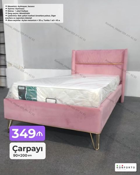 Məhsul: Çarpayı Ölçü: 90×200 sm Təsvir: - Yumşaq, məxməri üzlüklü — Bakı