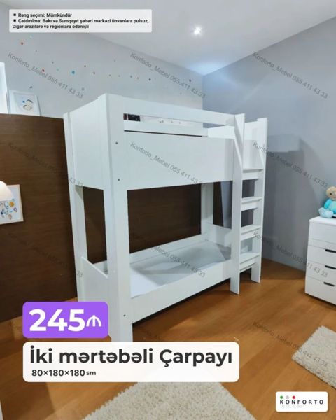 İki mərtəbəli çarpayı - Ölçülər: 80 180 180 sm - Material: ağ — Bakı