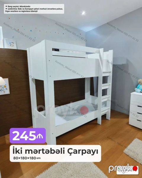 İki mərtəbəli çarpayı - Ölçülər: 80 180 180 sm - Material: ağ — Bakı