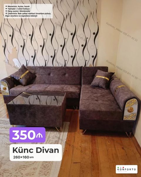 Künc divan – 260×160 sm - Mexanizm: açılan, bazalı (alt hissədə geniş — Bakı