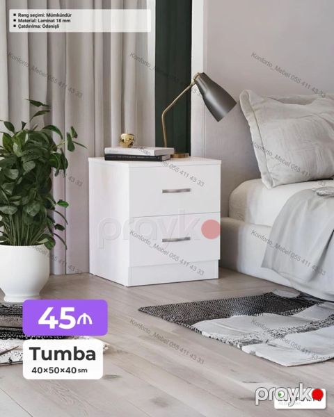 Tumba – 40×50×40 sm - Minimalist dizaynlı, 2 çekmecəli yataq yanı — Bakı