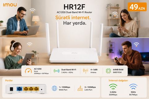 Imou AC1200 Wi-Fi Router – 2.4GHz / 5GHz, 4 Antena HR12F — Bakı