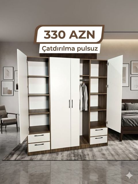 Məhsul: Geniş funksionallı qarderob şkafı – Ölçülər: təxmini 4 qapılı — Mehdiabad