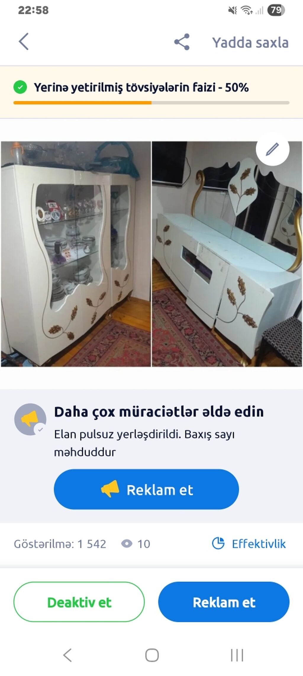 Mebel dəsti – vitrin şkaf və güzgülü konsol - Rəng: ağ, qızılı — Qonaq otağı üçün, Digah