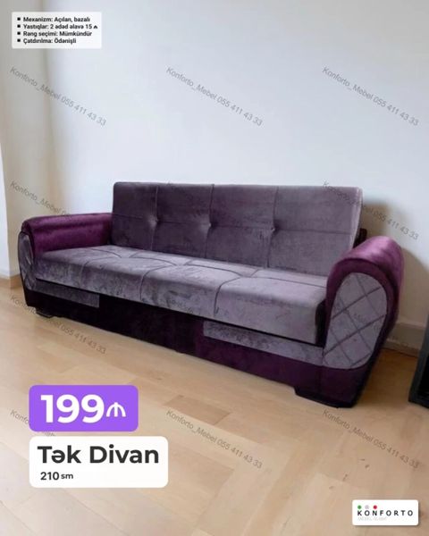 Tək divan – 210 sm – Mexanizm: açılan, bazalı – Yastıqlar: 2 ədəd — Bakı