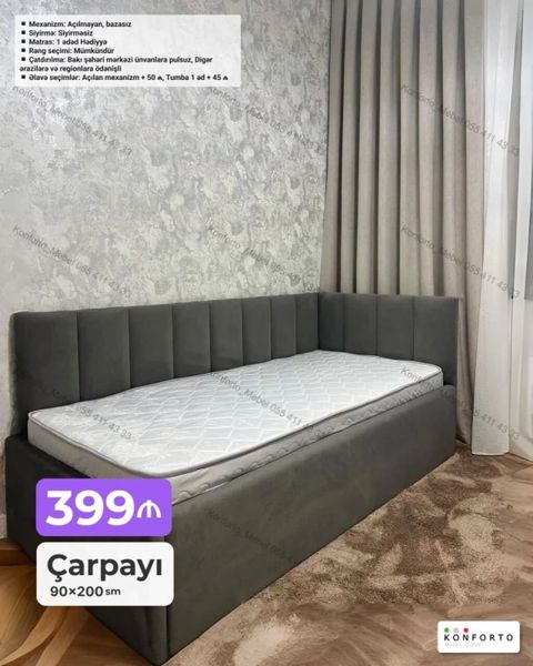 Künc paneli ilə dizayn edilmiş yumşaq başlıqlı çarpayı - Ölçü: 90×200 — Bakı