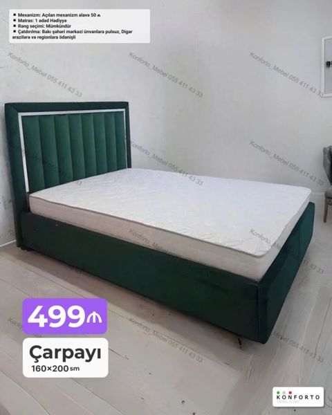 Çarpayı – 160×200 sm - Yumşaq başlıqla, modern dizayn - Dərin yaşıl — Bakı