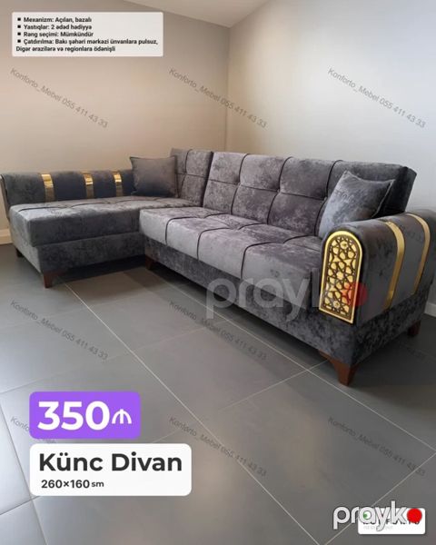 Künc Divan – 260×160 sm - Açılan, bazalı mexanizm: yuxu yerlinə — Bakı