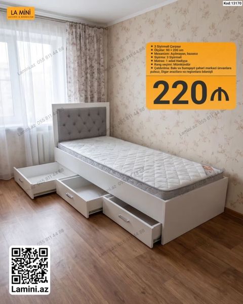 3 siyirməli tək çarpayı – 90×200 sm - Mexanizm: açılmayan, bazasız — Bakı