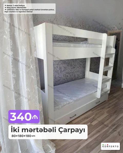 İki mərtəbəli çarpayı – 80×180×180 sm Material: ağ rəngli korpus — Bakı