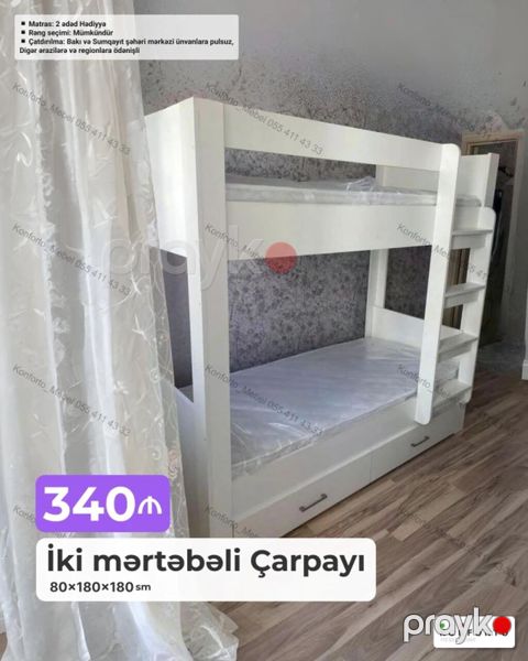 İki mərtəbəli çarpayı – 80×180×180 sm Material: ağ rəngli korpus — Bakı