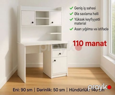 Ağ rəngli çoxfunksiyalı iş masası – üst şkaflı model Ölçülər: - Eni — Bakı