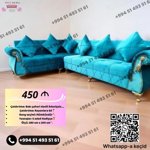 Mavi rəngli künc divan dəsti - Model: L formalı künc divanı — Bakı