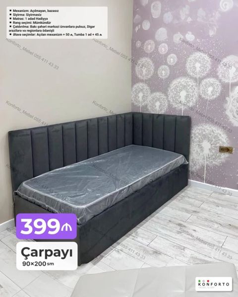 Burunlu künc başlıqlı tək nəfərlik çarpayı Ölçü: 90×200 sm — Bakı