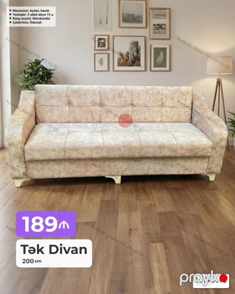 Tək divan – 200 sm - Açılıb-bağlanan mexanizmli, bazalı model - Rəng — Bakı