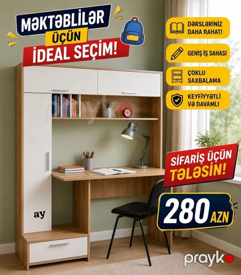 Məktəblilər üçün ideal seçim – funksional iş masası və rəf-li şkaf