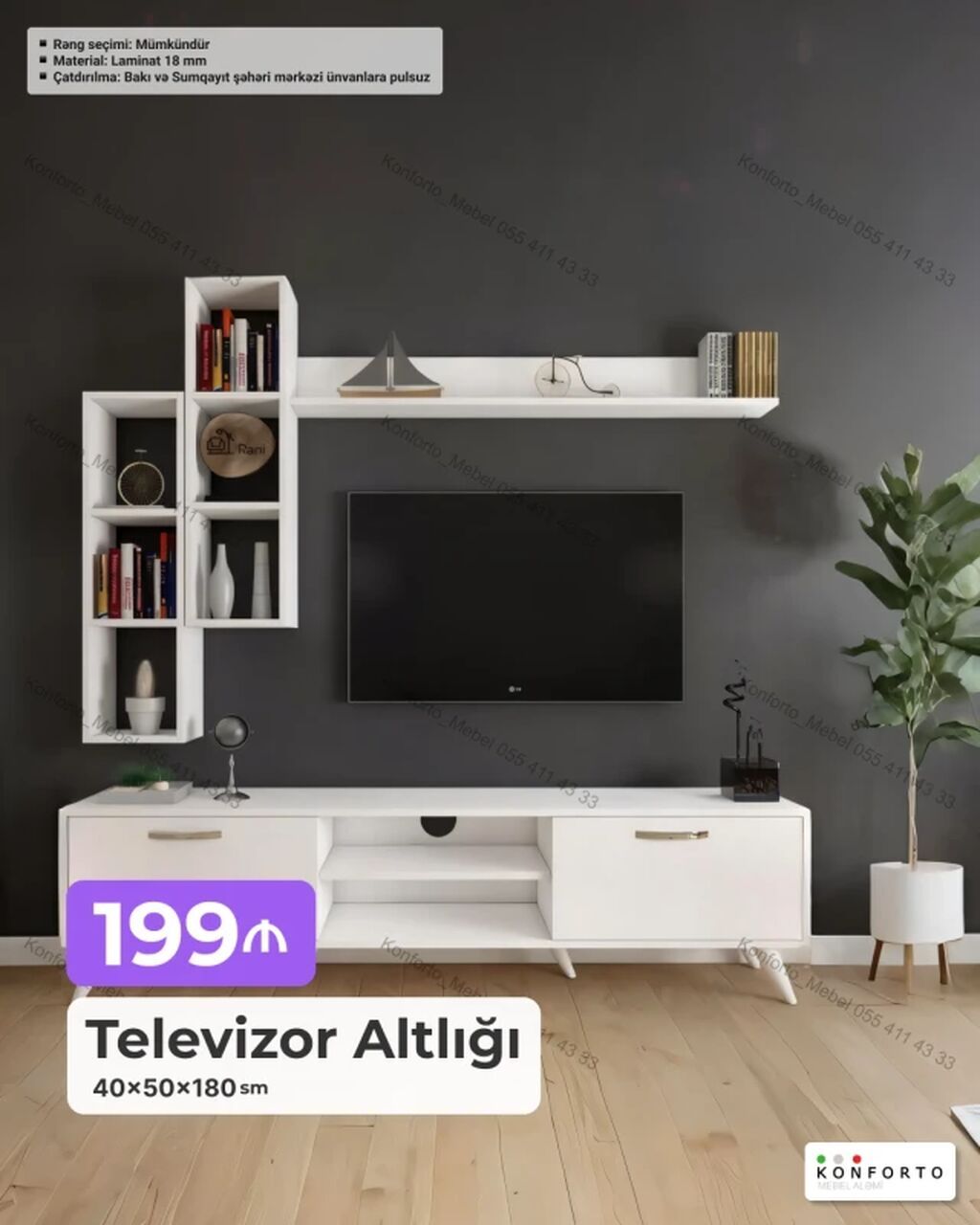 Televizor altlığı və divar rəfləri dəsti Ölçü: 40 50 180 sm — Qonaq otağı üçün, Bakı