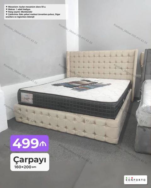 Çarpayı – 160×200 sm - Yumşaq, kvadrat tikişli başlıq və baza dizaynı — Bakı