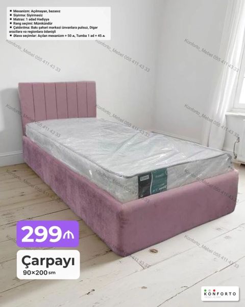 Çarpayı – 90×200 sm - Model: Bazalı olmayan, açılmayan mexanizm — Bakı