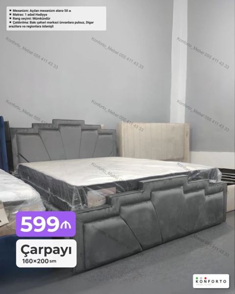 Çarpayı – 160×200 sm - Modern dizaynlı, yumşaq başlıq və ayaq ucluğu — Bakı