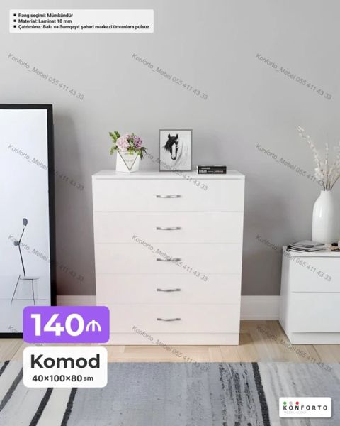 Ağ rəngli komod – minimal dizaynlı, 4 geniş çəkməcə ilə. Ölçü — Bakı
