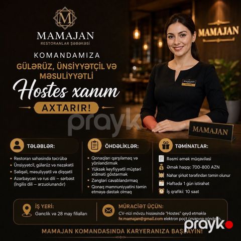 Hostes, qeydiyyatçı tələb olunur, 1 ildən az təcrübə — Bakı