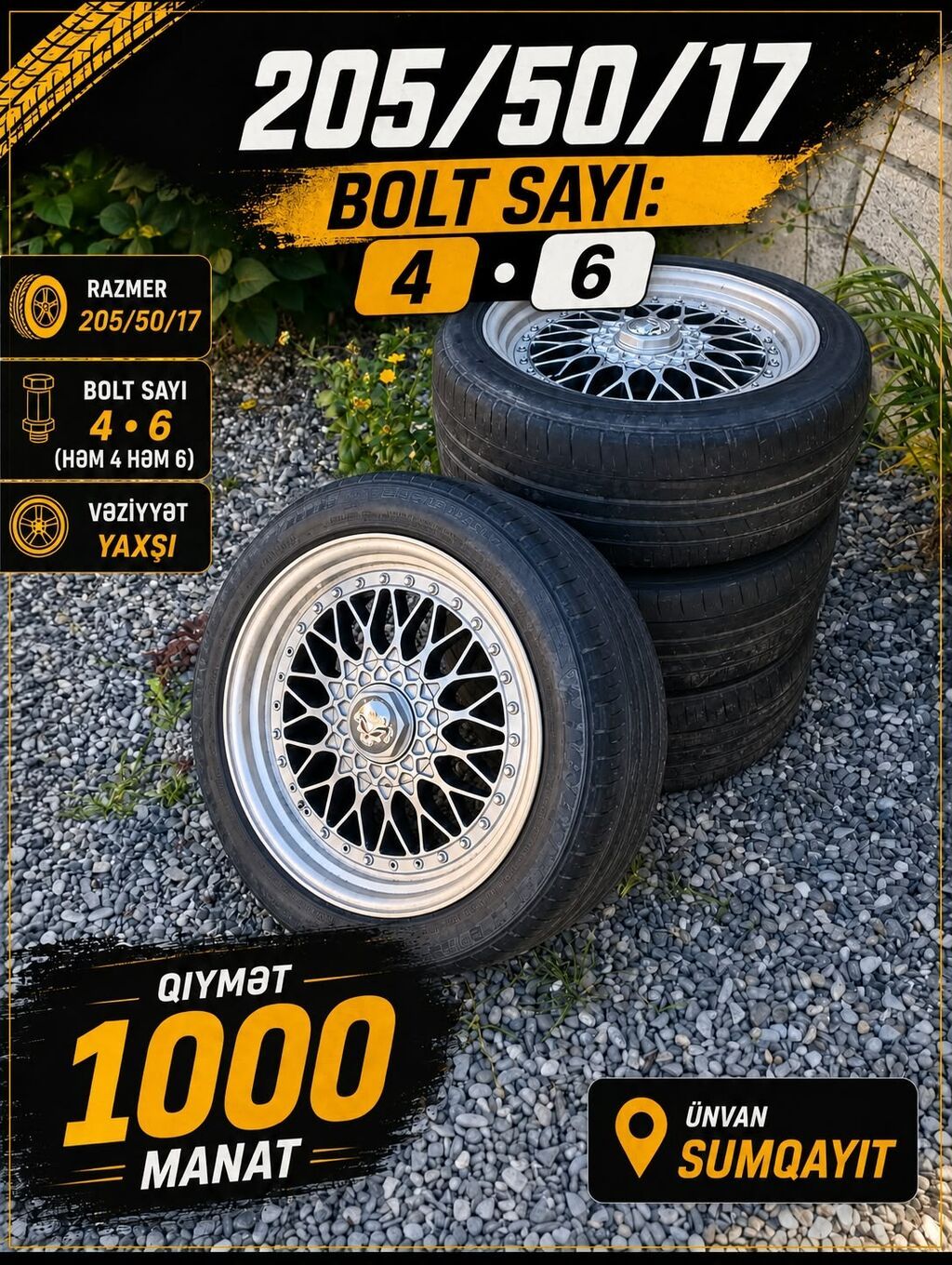 17-lik disk və şin dəsti satılır. Ölçü: 205/50/17 Bolt sayı: 4 və 6 — Diskləri, Bakı