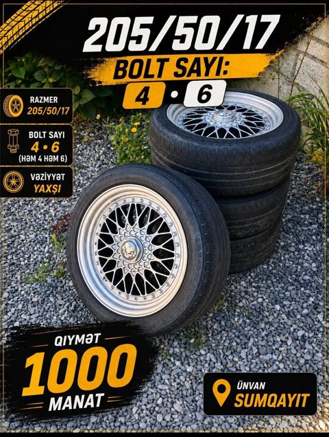 17-lik disk və şin dəsti satılır. Ölçü: 205/50/17 Bolt sayı: 4 və 6