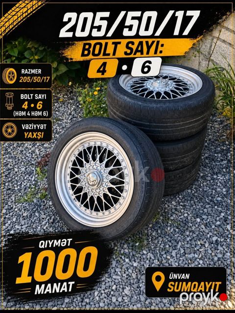 17-lik disk və şin dəsti satılır. Ölçü: 205/50/17 Bolt sayı: 4 və 6
