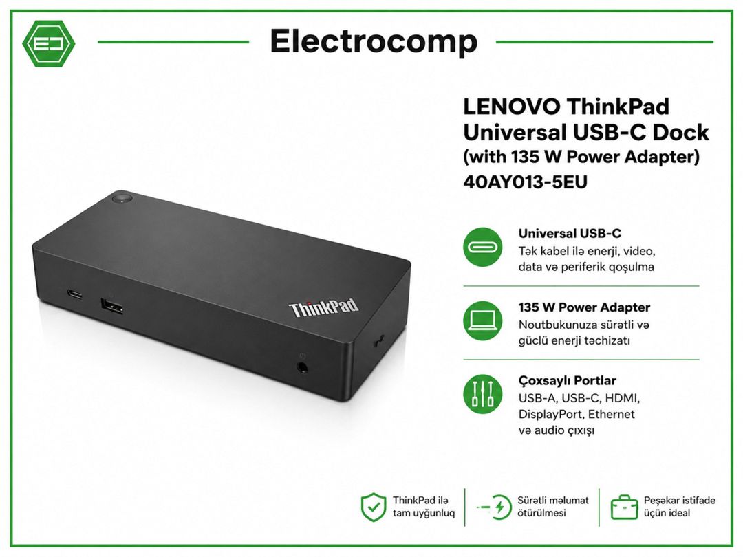 Lenovo ThinkPad Universal Usb-c Dock (with 135W Power Adapter) – 40AY013-5EU — Periferik cihazlar, Bakı